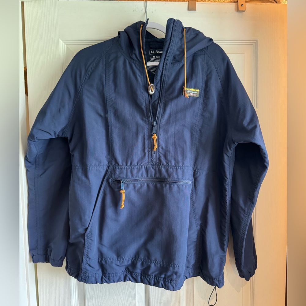 L.L. Bean Navy Hooded Pullover Rain Anorak with Gold Accent